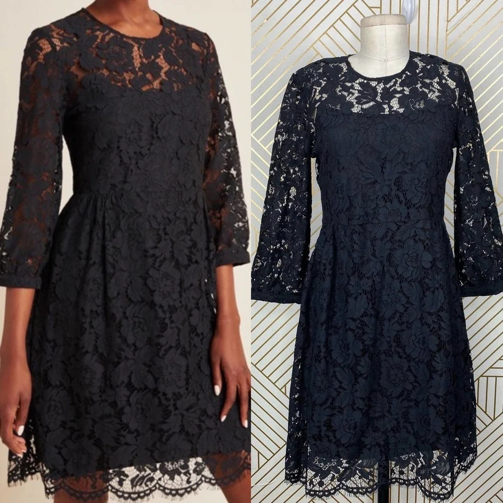 Anthropologie Mare Mare Persephone Dress 3/4 Sleeve Lace Black Size Small Petite